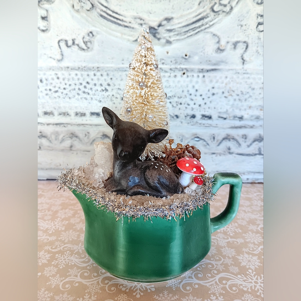 Vintage Christmas Handcrafted Woodland Assemblage Diorama Deer Mushroom